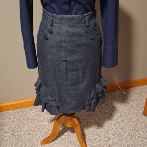 Pilcro and the Letterpress Dark Blue Denim Pencil Skirt with Ruffle Hem